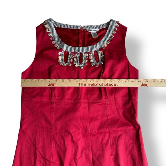 Richard Malcolm Red Cotton Dress Size 8 Embellished Floral Stripe Hem Mod Preppy - Picture 3 of 9